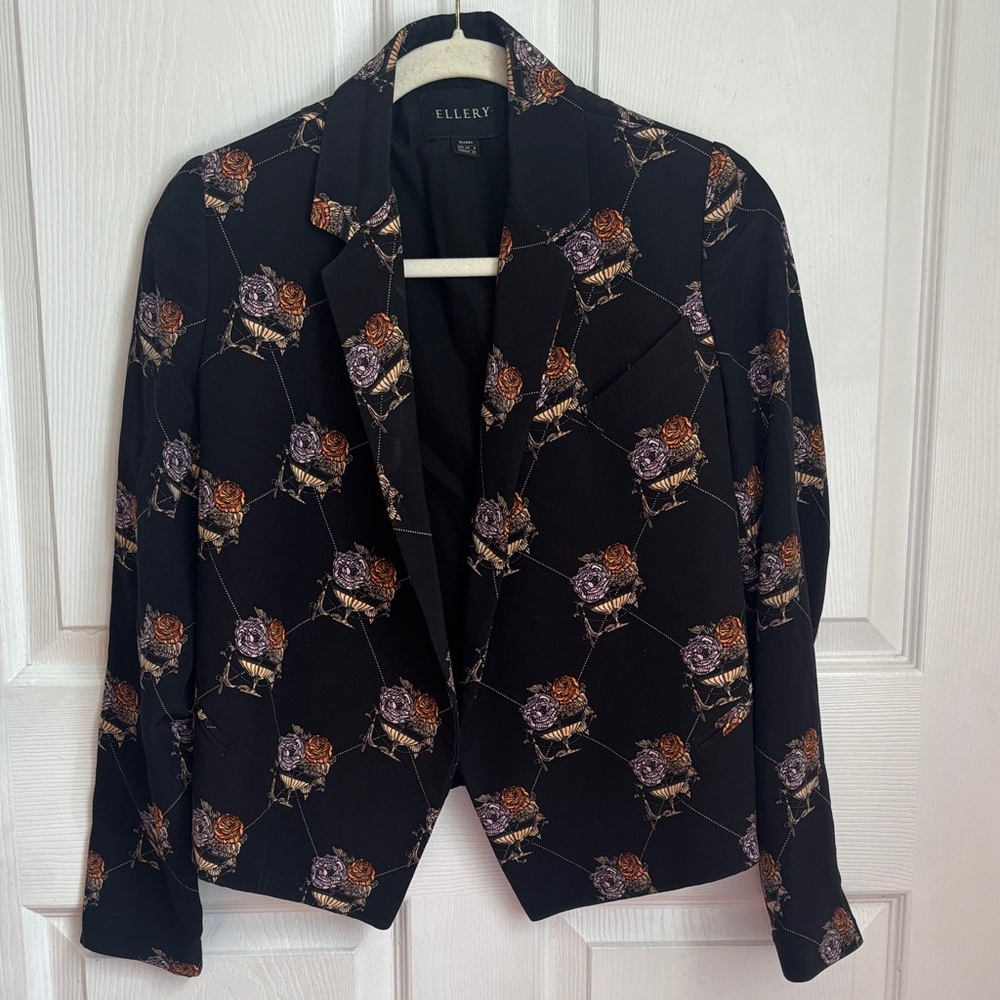ELLERY Black Silk Floral Print Short Blazer Size 2 Novelty luxury work dressy